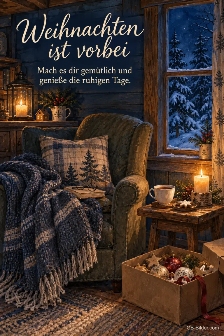 Sessel mit Decke und Kiste mit Christbaumkugeln, Text: Weihnachten ist vorbei