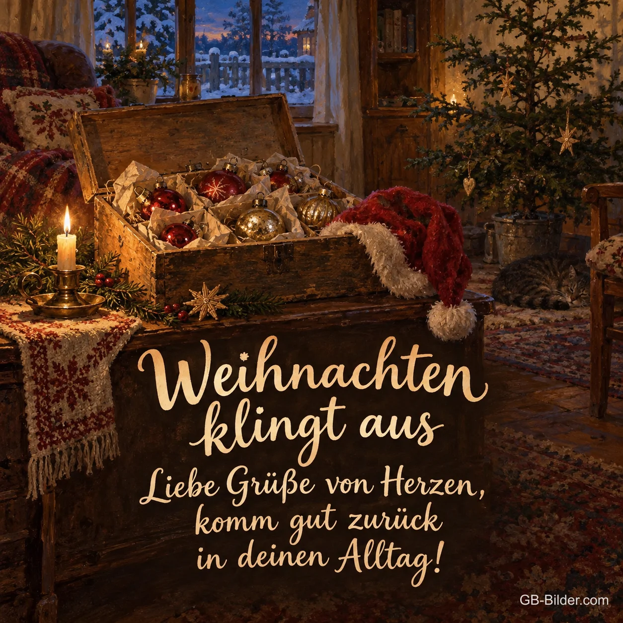 Truhe mit Christbaumkugeln und Kerze, Text: Weihnachten klingt aus – komm gut zurück in deinen Alltag! Truhe mit Christbaumkugeln und Kerze, Text: Weihnachten klingt aus – komm gut zurück in deinen Alltag!