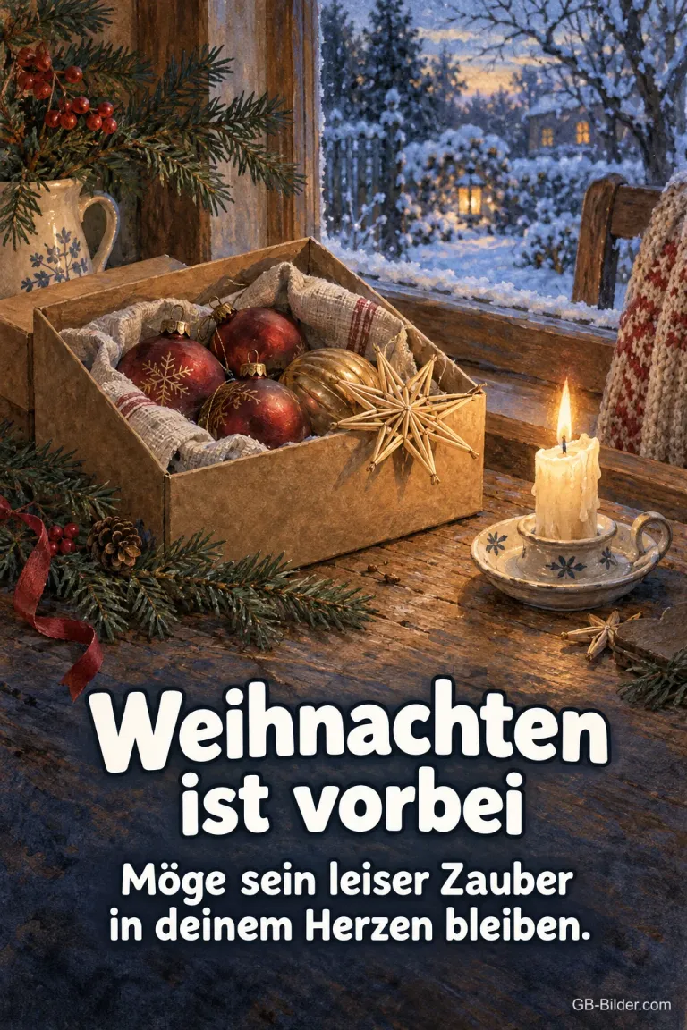 Kiste mit Christbaumkugeln und Kerze am Fenster, Text: Weihnachten ist vorbei – Möge sein leiser Zauber in deinem Herzen bleiben.