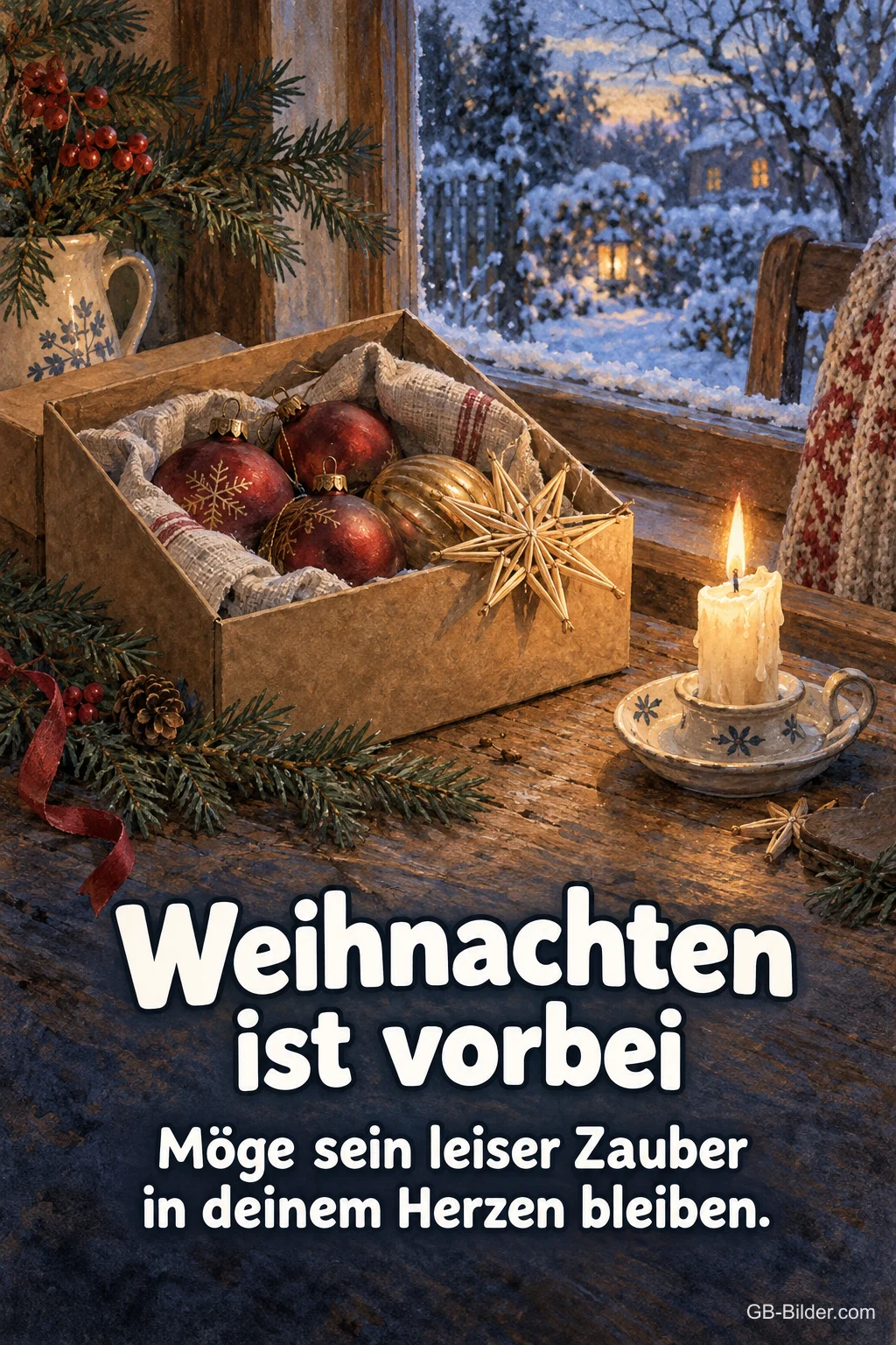 Kiste mit Christbaumkugeln und Kerze am Fenster, Text: Weihnachten ist vorbei – Möge sein leiser Zauber in deinem Herzen bleiben. Kiste mit Christbaumkugeln und Kerze am Fenster, Text: Weihnachten ist vorbei – Möge sein leiser Zauber in deinem Herzen bleiben.