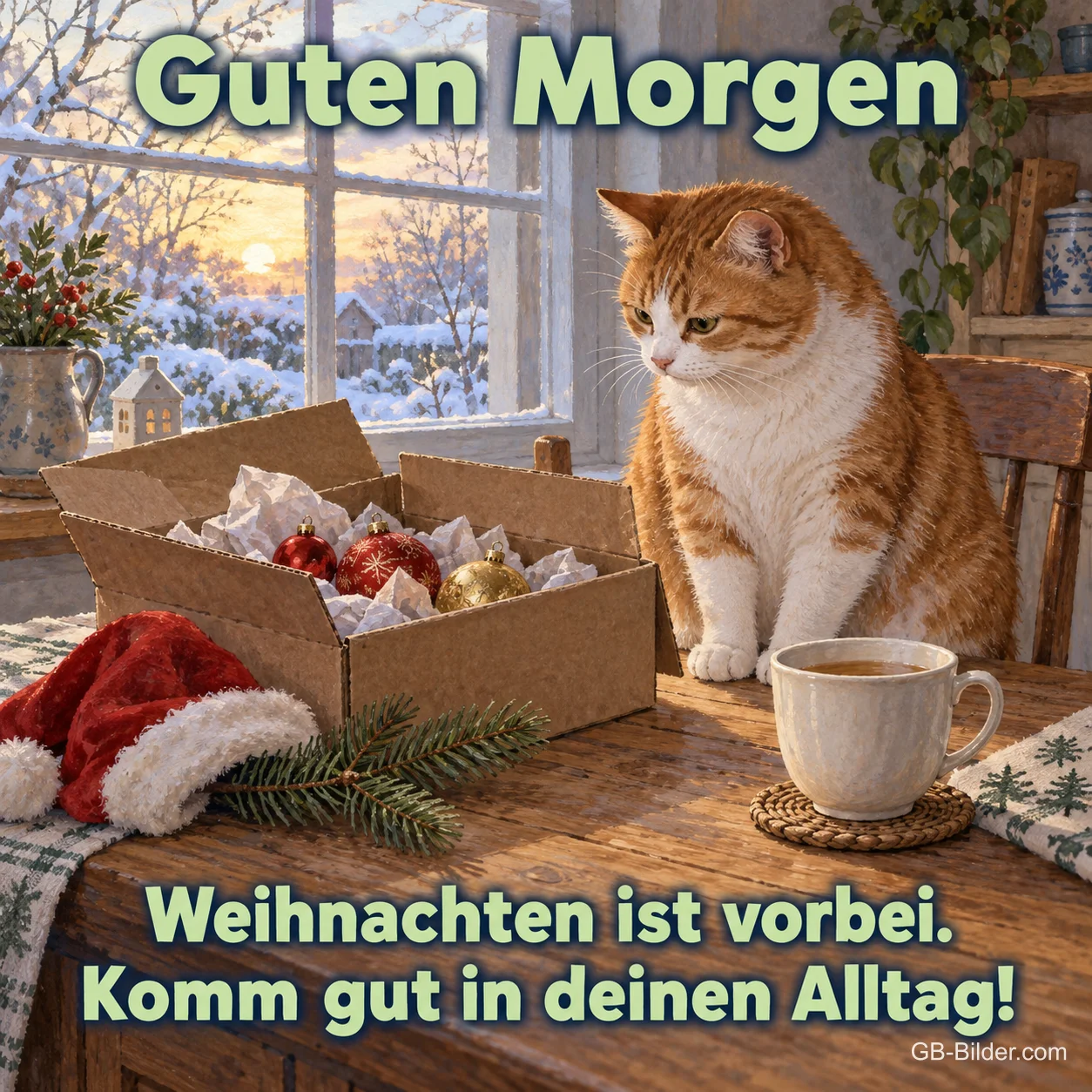 Roter Kater neben Kiste mit Christbaumkugeln, Text: Guten Morgen – Weihnachten ist vorbei. Komm gut in deinen Alltag! Roter Kater neben Kiste mit Christbaumkugeln, Text: Guten Morgen – Weihnachten ist vorbei. Komm gut in deinen Alltag!