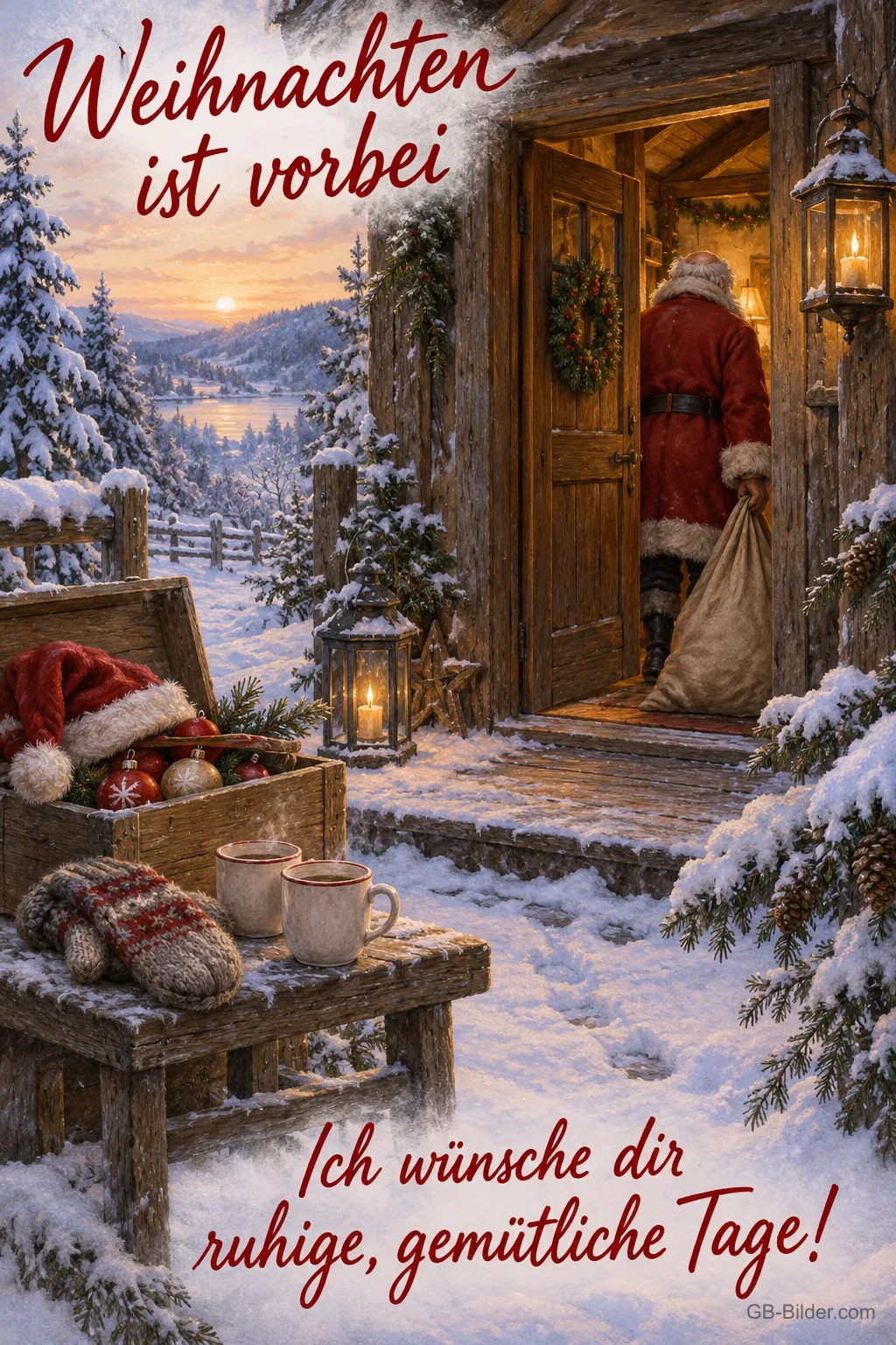 Weihnachtsmann geht in eine verschneite Hütte, Text: Weihnachten ist vorbei – ruhige, gemütliche Tage! Weihnachtsmann geht in eine verschneite Hütte, Text: Weihnachten ist vorbei – ruhige, gemütliche Tage!