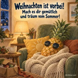 Ananas mit Sonnenbrille unter einer Decke auf dem Sofa, Text: Weihnachten ist vorbei! Träum vom Sommer!
