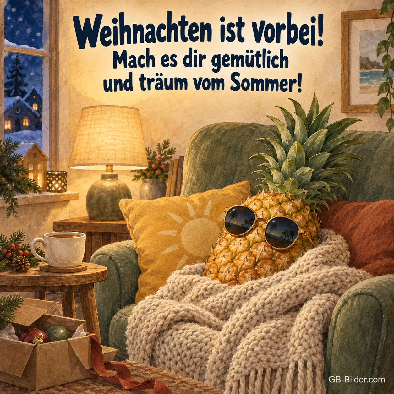 Ananas mit Sonnenbrille unter einer Decke auf dem Sofa, Text: Weihnachten ist vorbei! Träum vom Sommer! Ananas mit Sonnenbrille unter einer Decke auf dem Sofa, Text: Weihnachten ist vorbei! Träum vom Sommer!