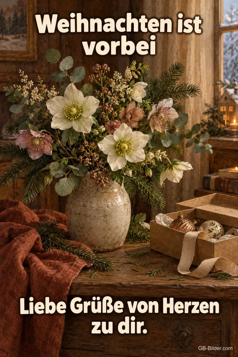Christrosen neben Kiste mit Christbaumschmuck, Text: Weihnachten ist vorbei – Liebe Grüße von Herzen zu dir.