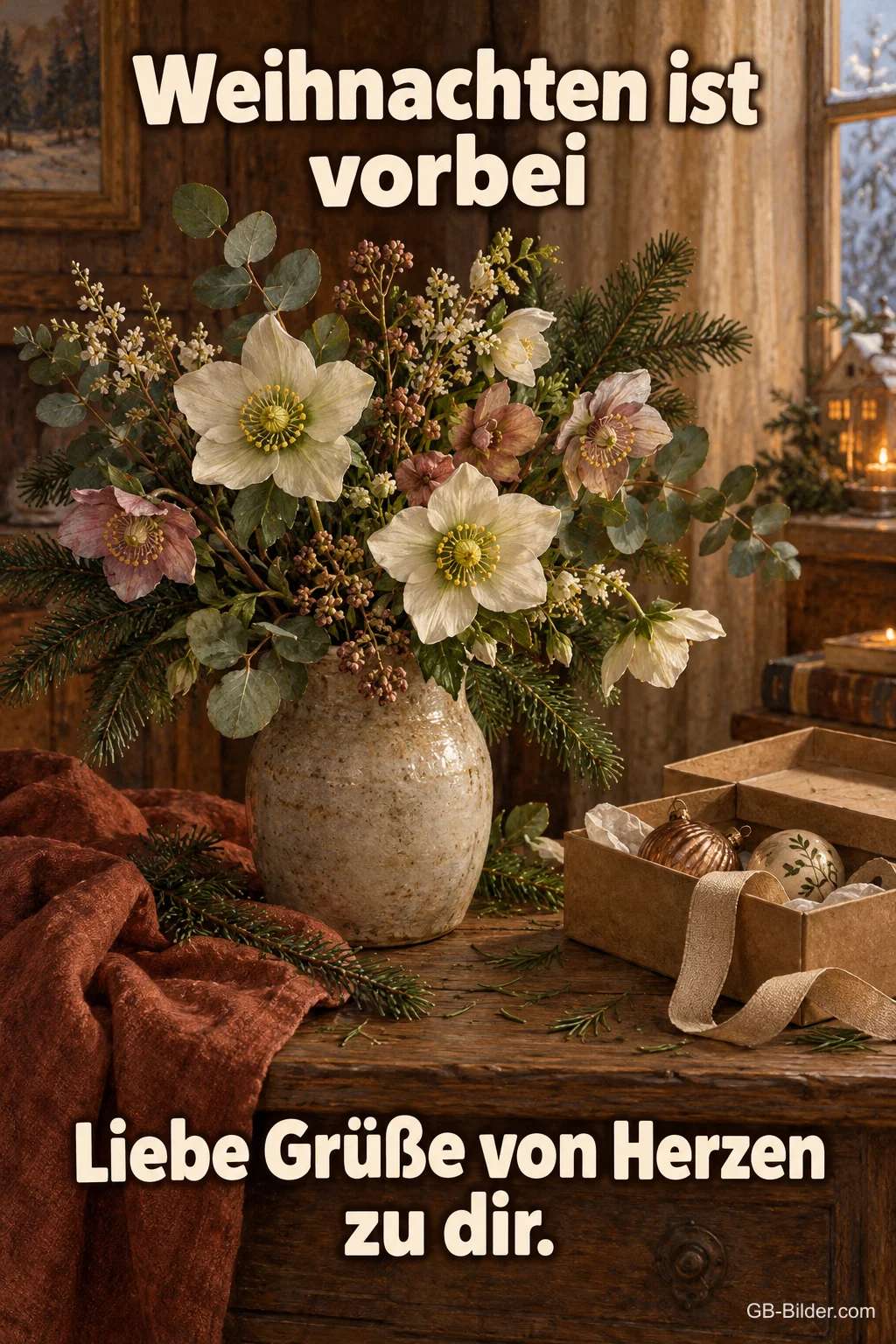 Christrosen neben Kiste mit Christbaumschmuck, Text: Weihnachten ist vorbei – Liebe Grüße von Herzen zu dir. Christrosen neben Kiste mit Christbaumschmuck, Text: Weihnachten ist vorbei – Liebe Grüße von Herzen zu dir.