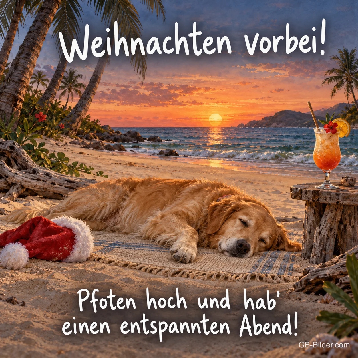 Schlafender Hund am Strand mit Weihnachtsmütze, Text: Weihnachten vorbei! Pfoten hoch und hab’ einen entspannten Abend! Schlafender Hund am Strand mit Weihnachtsmütze, Text: Weihnachten vorbei! Pfoten hoch und hab’ einen entspannten Abend!