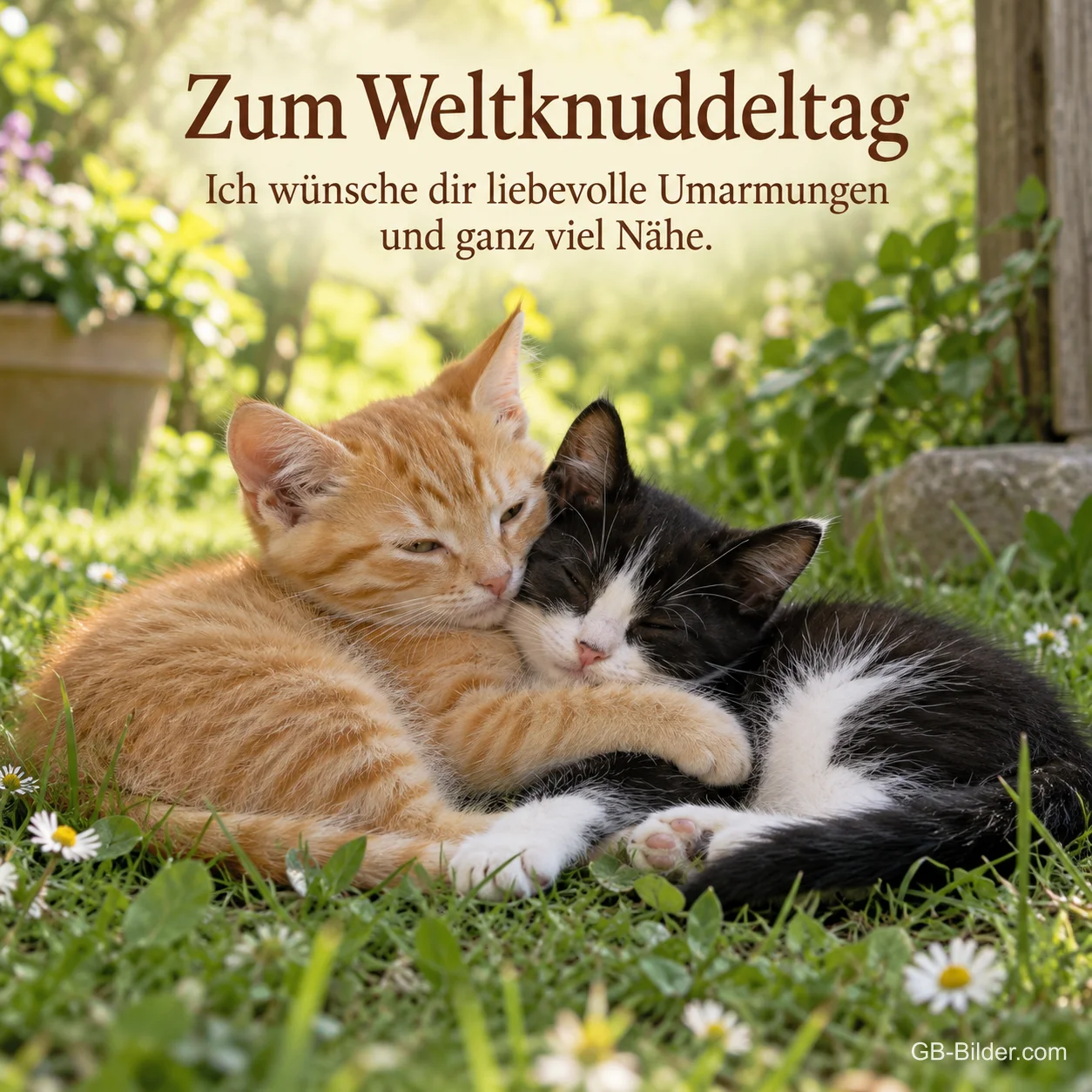Zwei kuschelnde Kätzchen, Text: Zum Weltknuddeltag Zwei kuschelnde Kätzchen, Text: Zum Weltknuddeltag