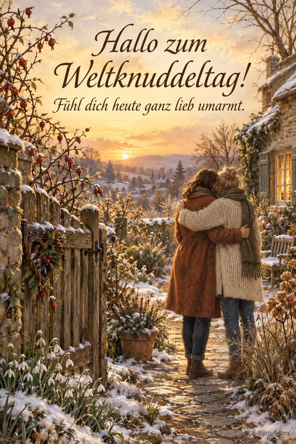 Umarmung am Gartentor, Text: Hallo zum Weltknuddeltag Umarmung am Gartentor, Text: Hallo zum Weltknuddeltag