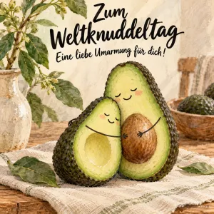 Kuschelnde Avocados, lustiger Text, Text: Zum Weltknuddeltag