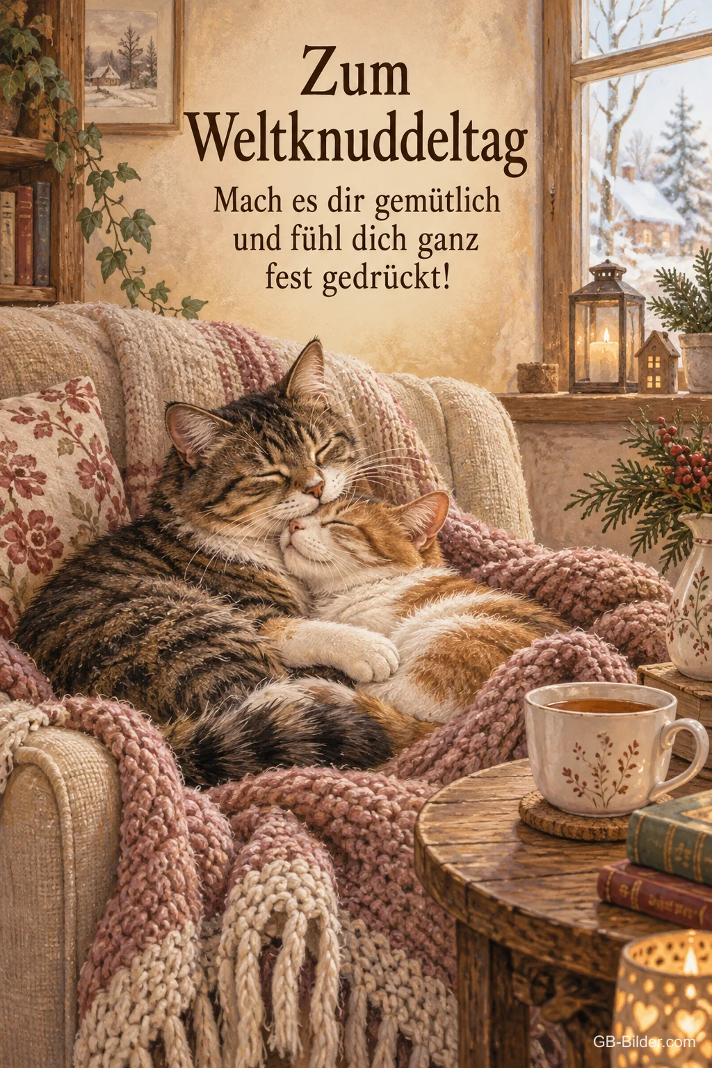 Zwei Katzen im Sessel, Text: Zum Weltknuddeltag Zwei Katzen im Sessel, Text: Zum Weltknuddeltag