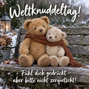 Zwei Teddybären auf der Bank, lustiger Text, Text: Weltknuddeltag