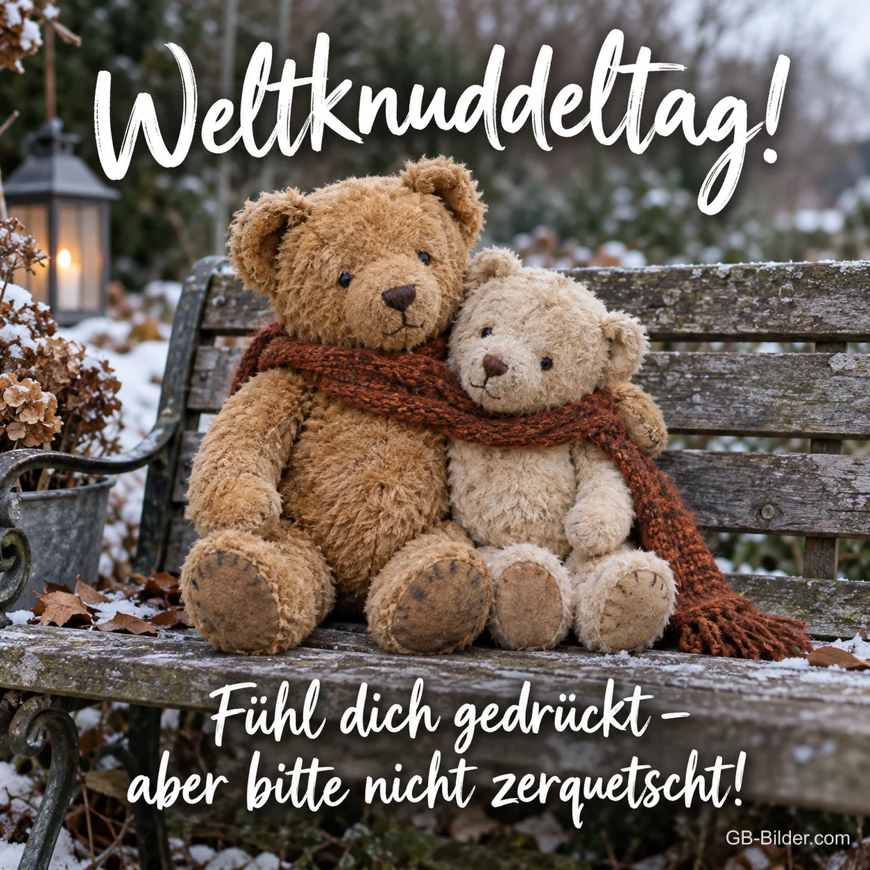 Zwei Teddybären auf der Bank, lustiger Text, Text: Weltknuddeltag Zwei Teddybären auf der Bank, lustiger Text, Text: Weltknuddeltag