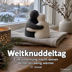 Zwei Tonfiguren umarmen sich, Text: Weltknuddeltag