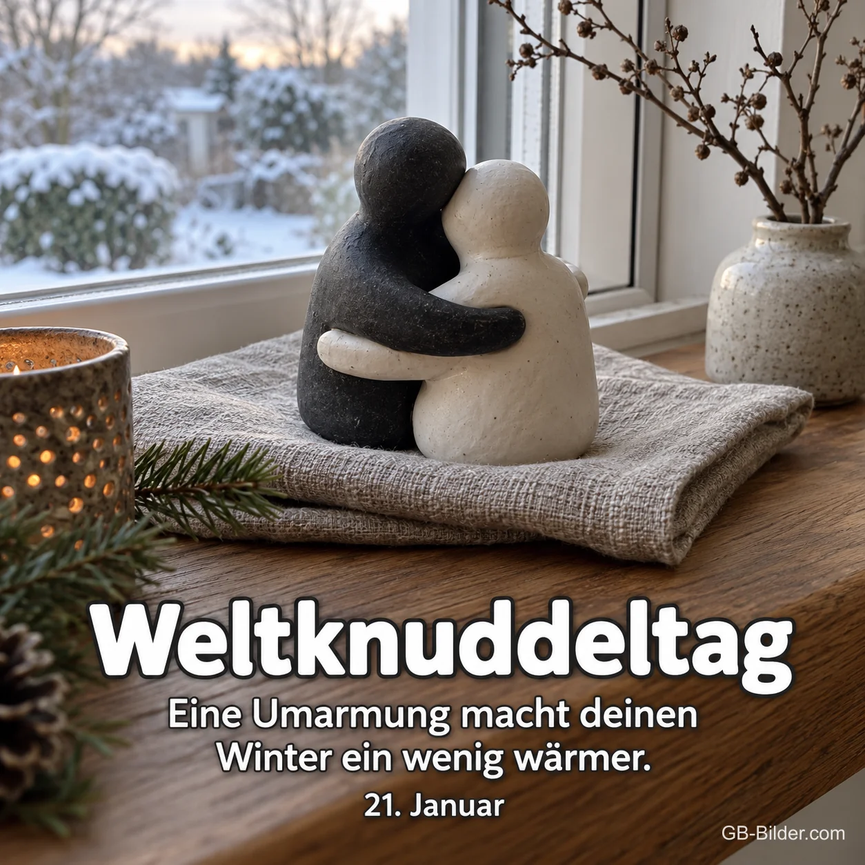 Zwei Tonfiguren umarmen sich, Text: Weltknuddeltag Zwei Tonfiguren umarmen sich, Text: Weltknuddeltag