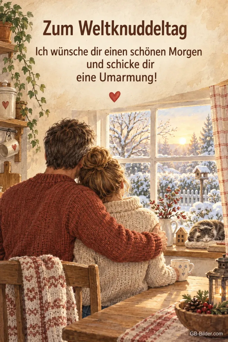 Paar umarmt sich am Fenster, Text: Zum Weltknuddeltag