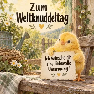 Küken mit Schild, Text: Zum Weltknuddeltag