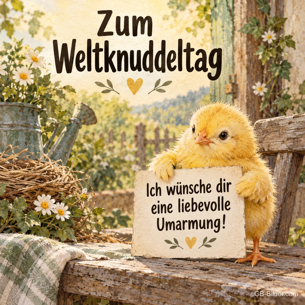 Küken mit Schild, Text: Zum Weltknuddeltag Küken mit Schild, Text: Zum Weltknuddeltag