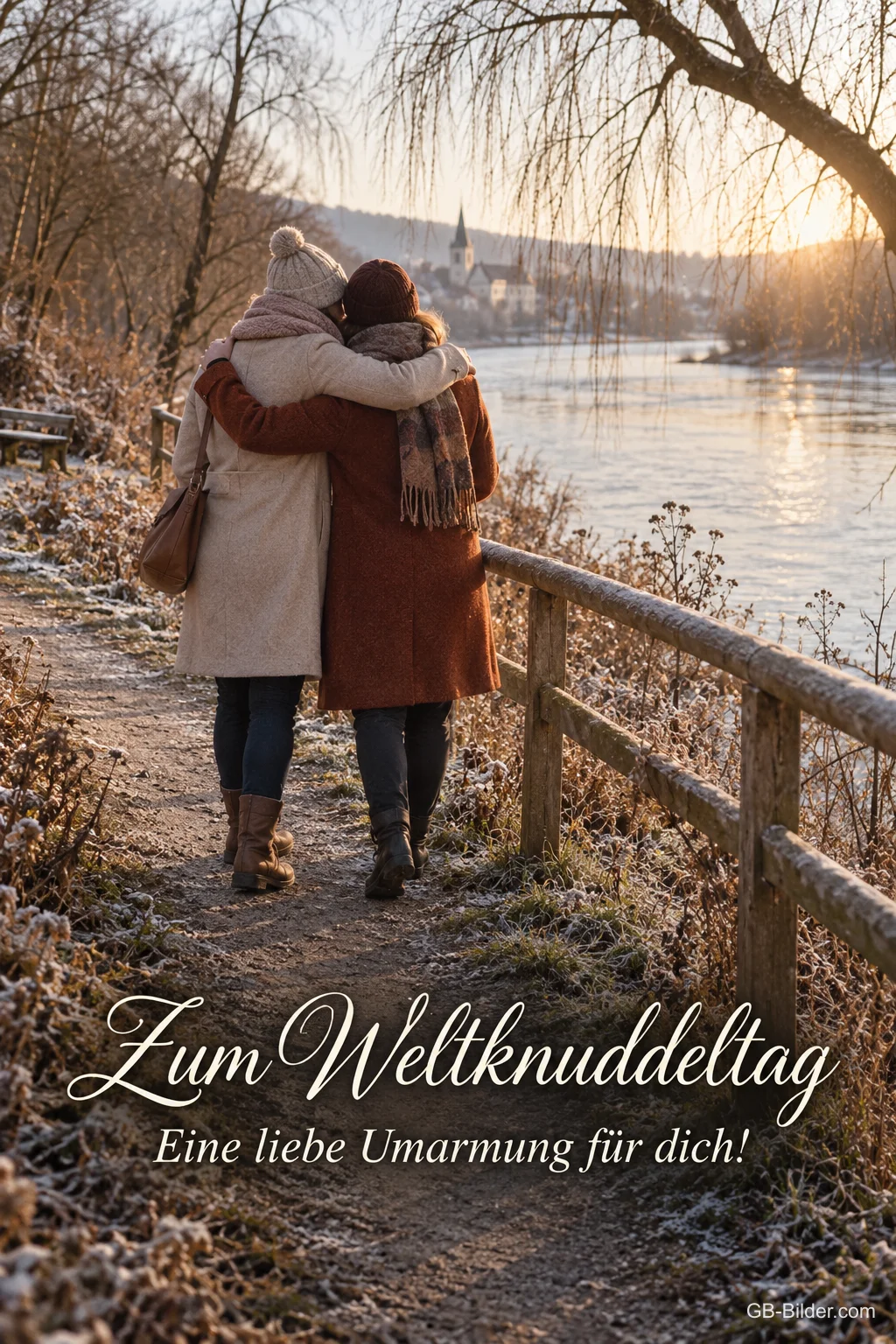 Zwei Frauen Arm in Arm am Fluss, Text: Zum Weltknuddeltag Zwei Frauen Arm in Arm am Fluss, Text: Zum Weltknuddeltag