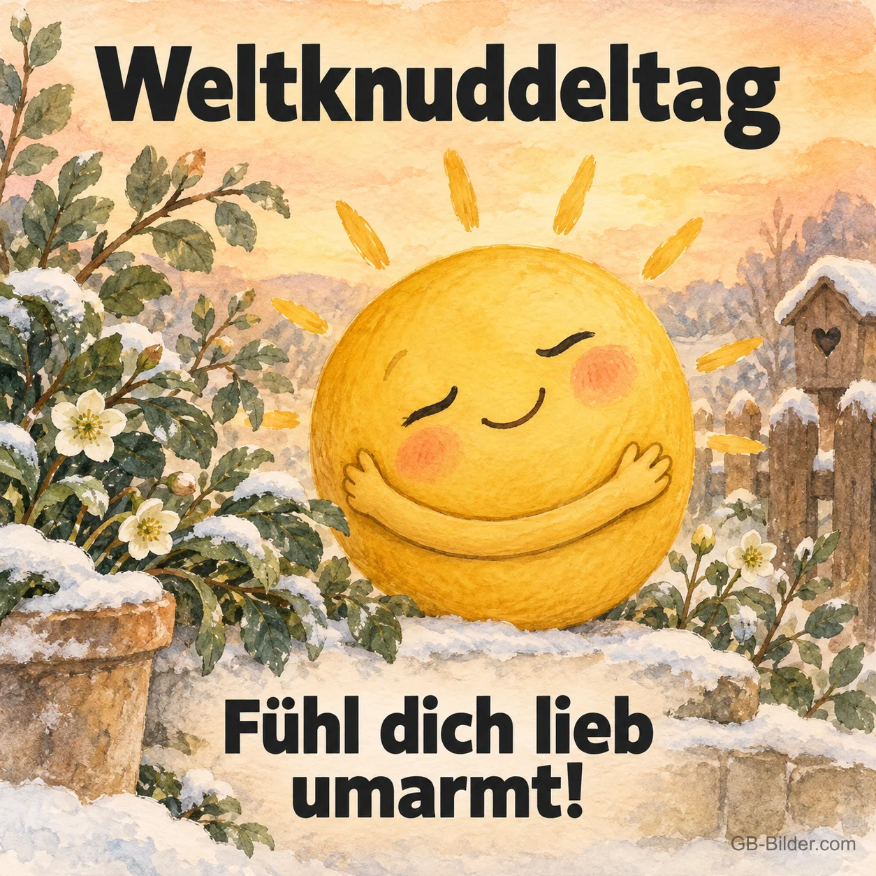 Sonne umarmt sich selbst, Text: Weltknuddeltag Sonne umarmt sich selbst, Text: Weltknuddeltag