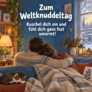 Paar kuschelt auf dem Sofa, Text: Zum Weltknuddeltag
