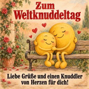 Zwei kuschelnde Figuren auf der Bank, Text: Zum Weltknuddeltag