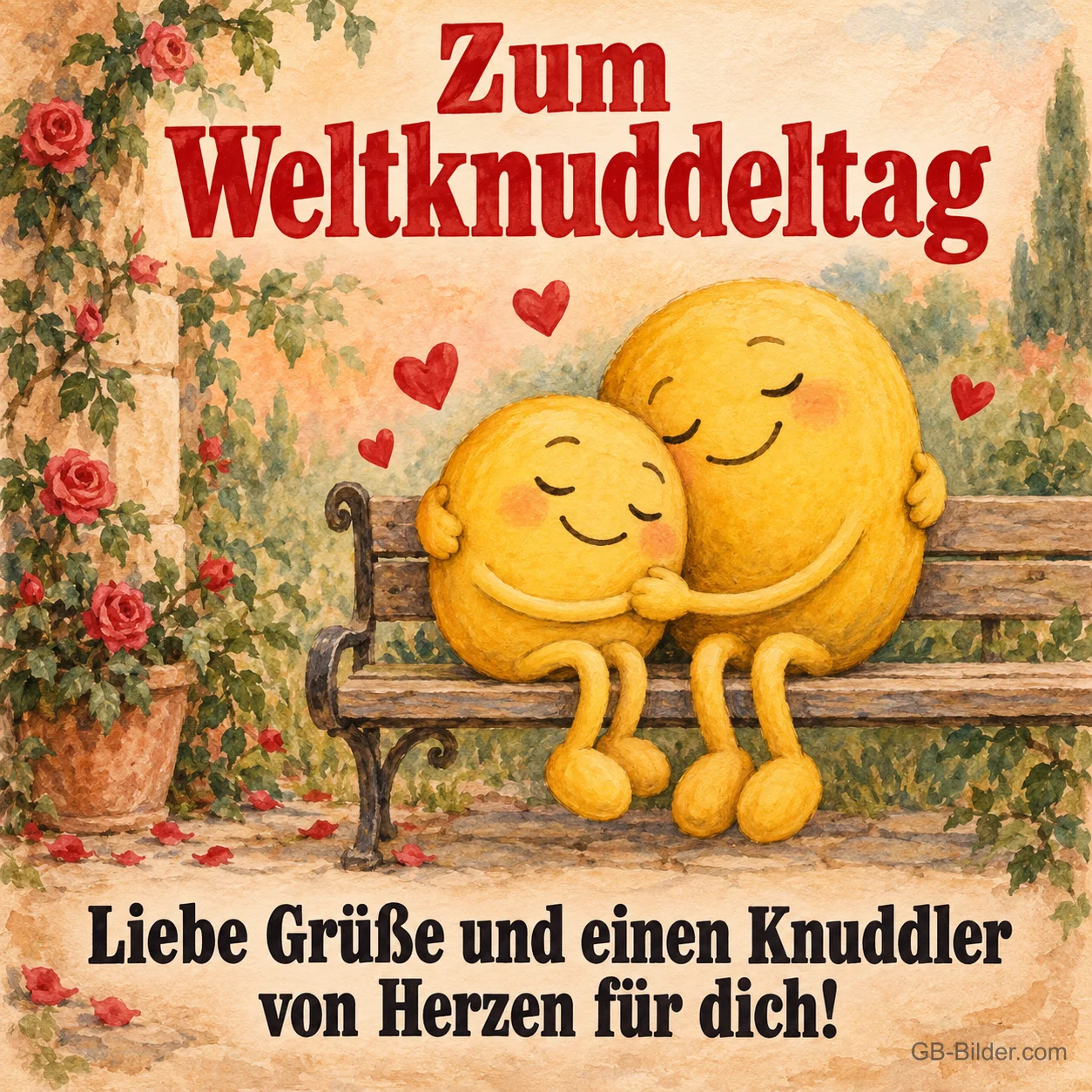 Zwei kuschelnde Figuren auf der Bank, Text: Zum Weltknuddeltag Zwei kuschelnde Figuren auf der Bank, Text: Zum Weltknuddeltag