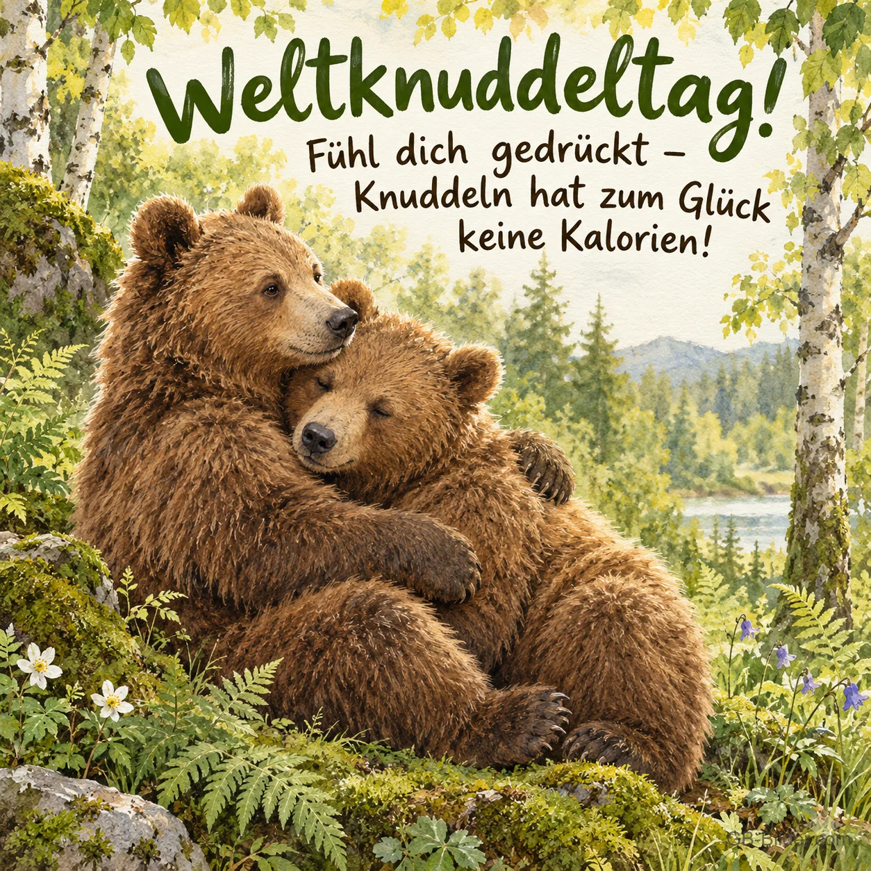 Bärenmutter umarmt ihr Junges, lustiger Text, Text: Weltknuddeltag Bärenmutter umarmt ihr Junges, lustiger Text, Text: Weltknuddeltag
