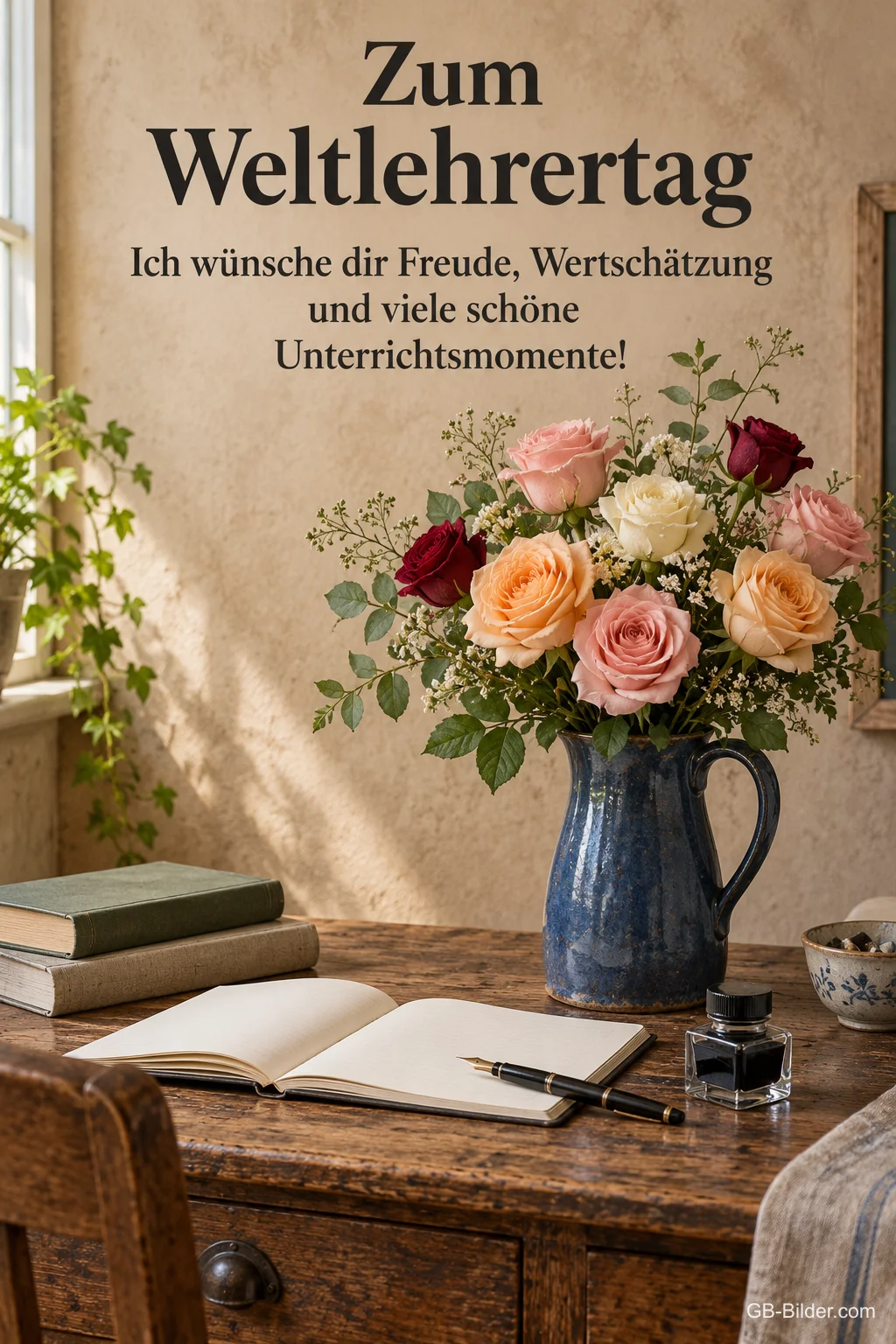 Rosenstrauß auf dem Lehrerpult, Text: Zum Weltlehrertag