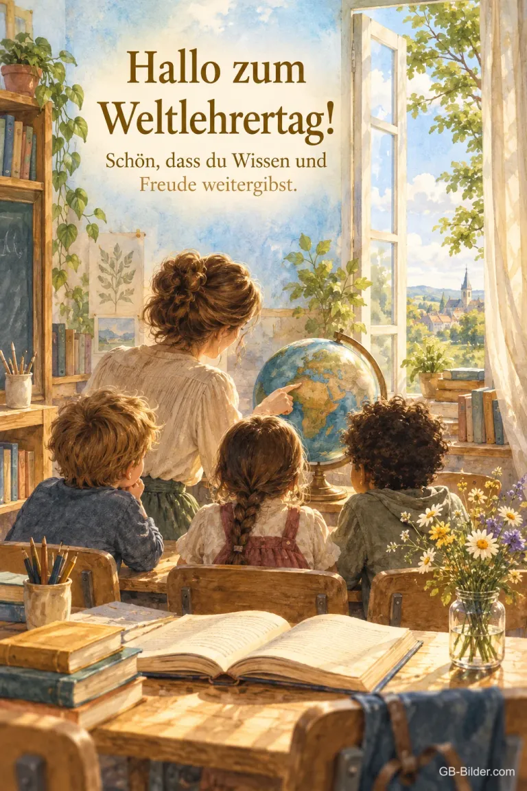 Lehrerin mit Kindern am Globus, Text: Hallo zum Weltlehrertag