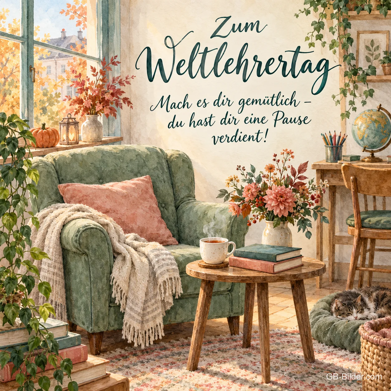 Gemütlicher Sessel mit Büchern, Text: Zum Weltlehrertag Gemütlicher Sessel mit Büchern, Text: Zum Weltlehrertag