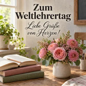 Blumenstrauß mit Büchern, Text: Zum Weltlehrertag