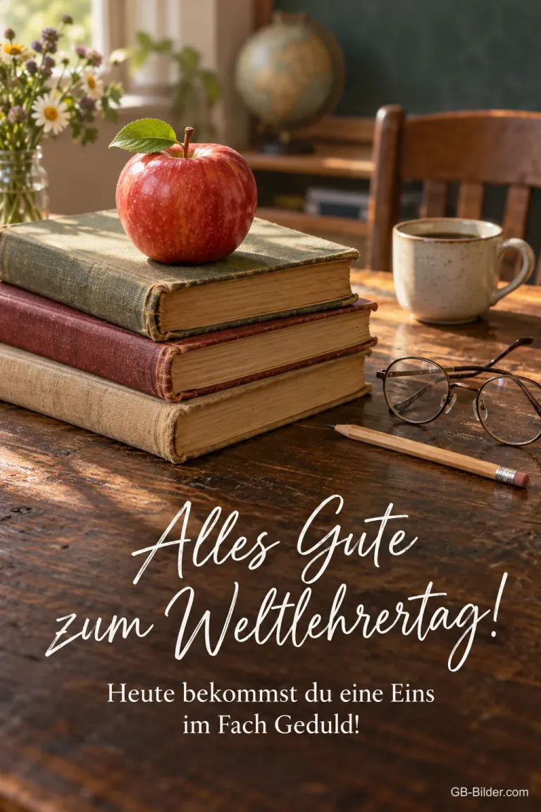 Apfel auf Büchern, lustiger Text, Text: Alles Gute zum Weltlehrertag