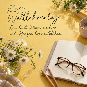 Margeriten mit Notizbuch und Brille, Text: Zum Weltlehrertag