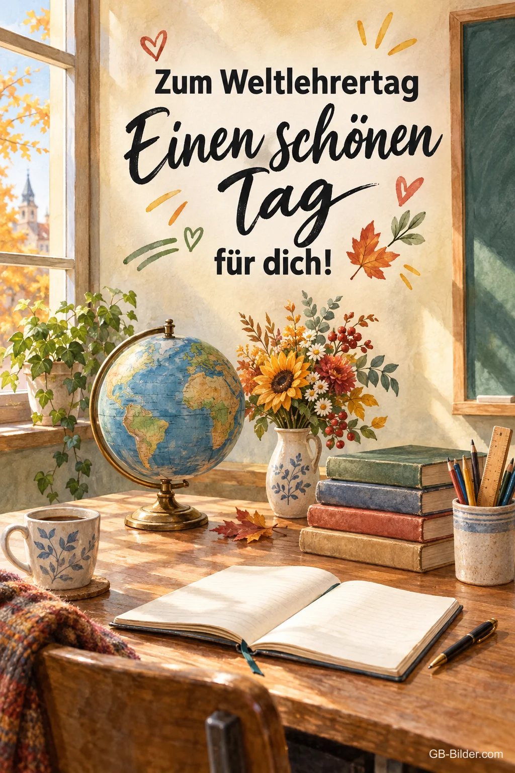 Globus und Bücher im Klassenzimmer, Text: Zum Weltlehrertag Globus und Bücher im Klassenzimmer, Text: Zum Weltlehrertag