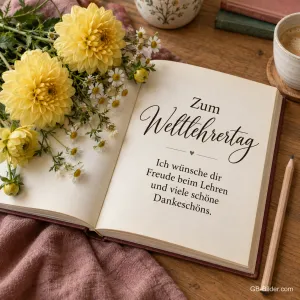 Offenes Buch mit Dahlien, Text: Zum Weltlehrertag