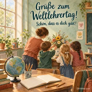 Lehrerin mit Kindern im Klassenzimmer, Text: Grüße zum Weltlehrertag