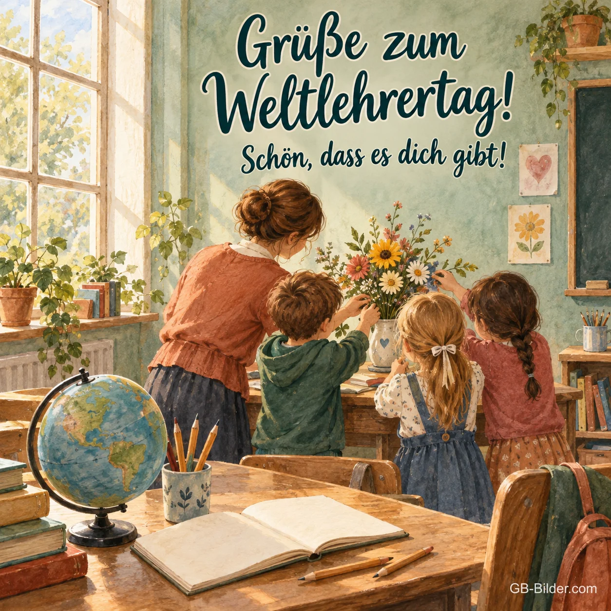 Lehrerin mit Kindern im Klassenzimmer, Text: Grüße zum Weltlehrertag