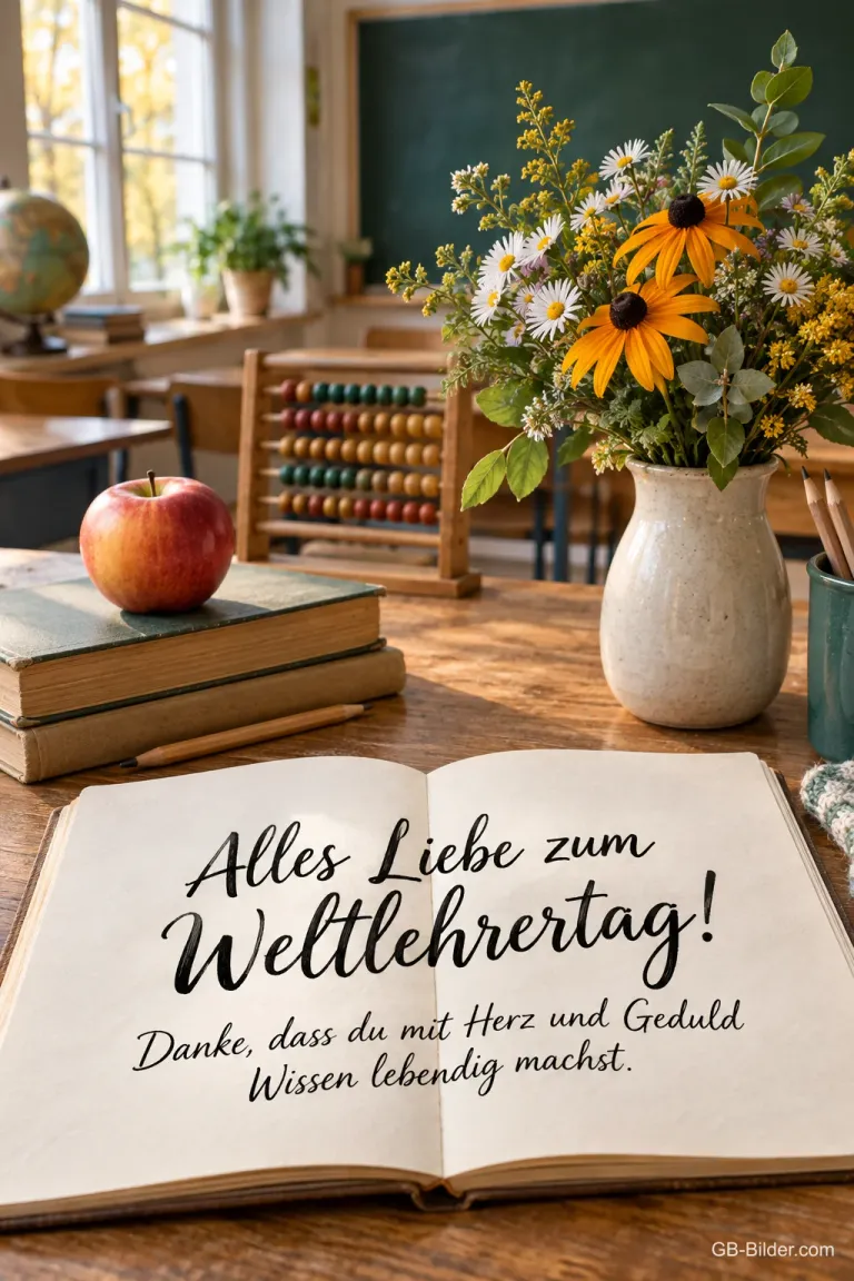 Buch, Apfel und Blumen auf dem Pult, Text: Alles Liebe zum Weltlehrertag
