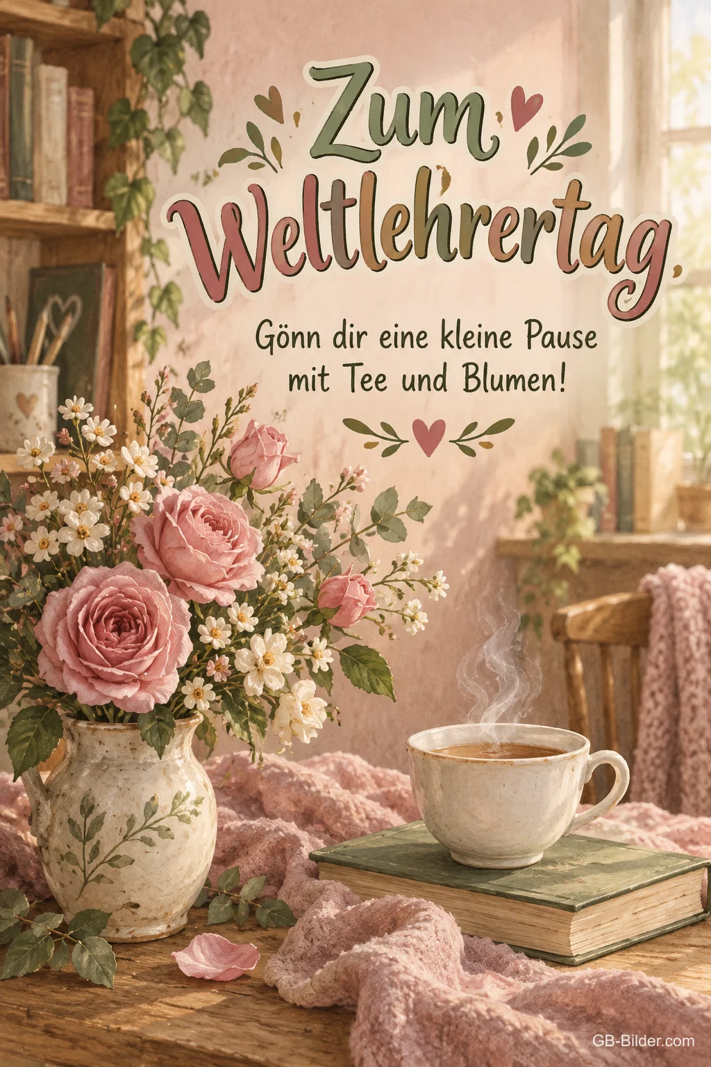 Rosen und Tee auf Büchern, Text: Zum Weltlehrertag Rosen und Tee auf Büchern, Text: Zum Weltlehrertag