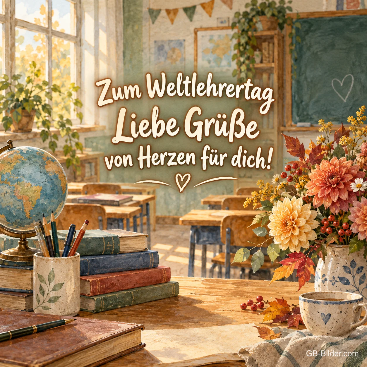 Bücher und Globus im Klassenzimmer, Text: Zum Weltlehrertag Bücher und Globus im Klassenzimmer, Text: Zum Weltlehrertag
