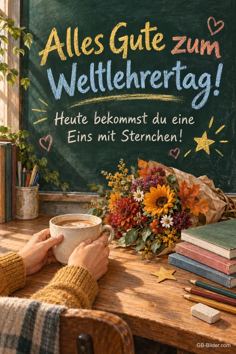 Tasse vor der Tafel, lustiger Text, Text: Alles Gute zum Weltlehrertag