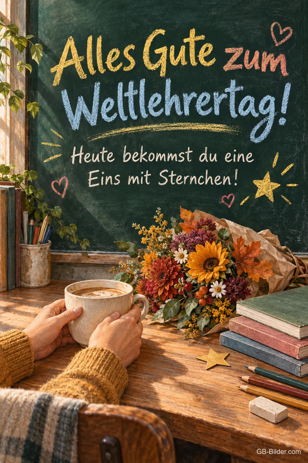 Tasse vor der Tafel, lustiger Text, Text: Alles Gute zum Weltlehrertag Tasse vor der Tafel, lustiger Text, Text: Alles Gute zum Weltlehrertag