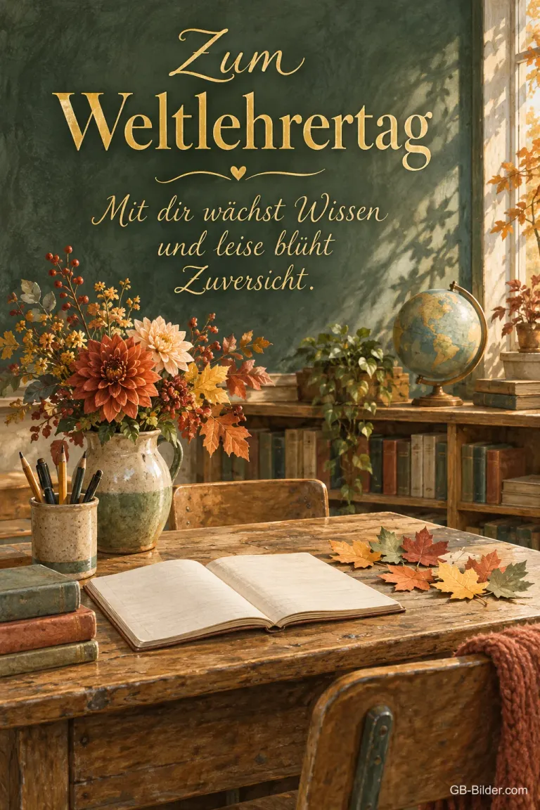 Pult mit Herbstblumen, Text: Zum Weltlehrertag