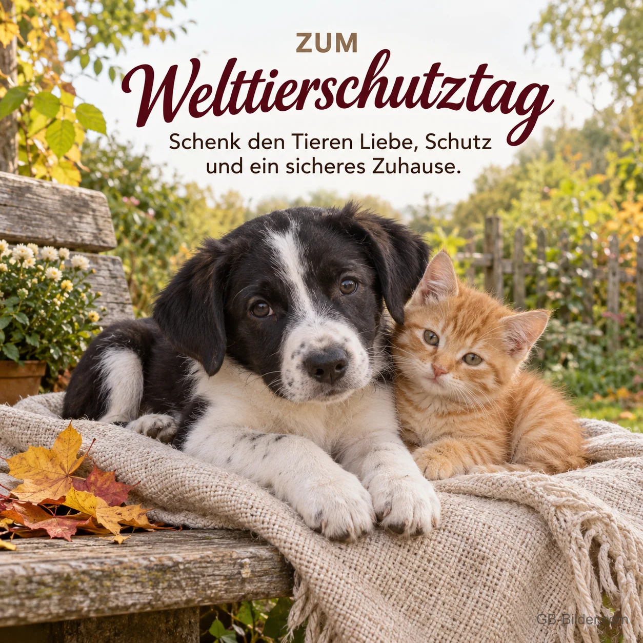 Welpe und Kätzchen auf einer Bank, Text: Zum Welttierschutztag