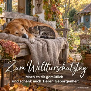 Hund und Katze schlafen auf der Bank, Text: Zum Welttierschutztag