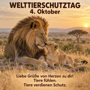 Löwe mit Jungem, Text: Welttierschutztag 4