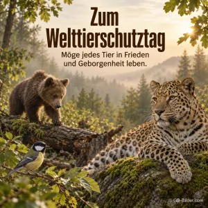 Bärenjunges und Leopard im Wald, Text: Zum Welttierschutztag