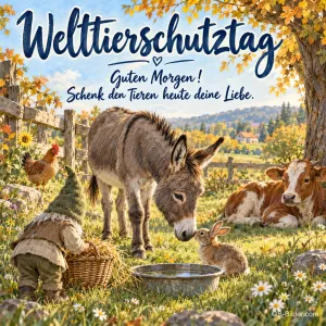 Wichtel füttert Esel, Text: Welttierschutztag