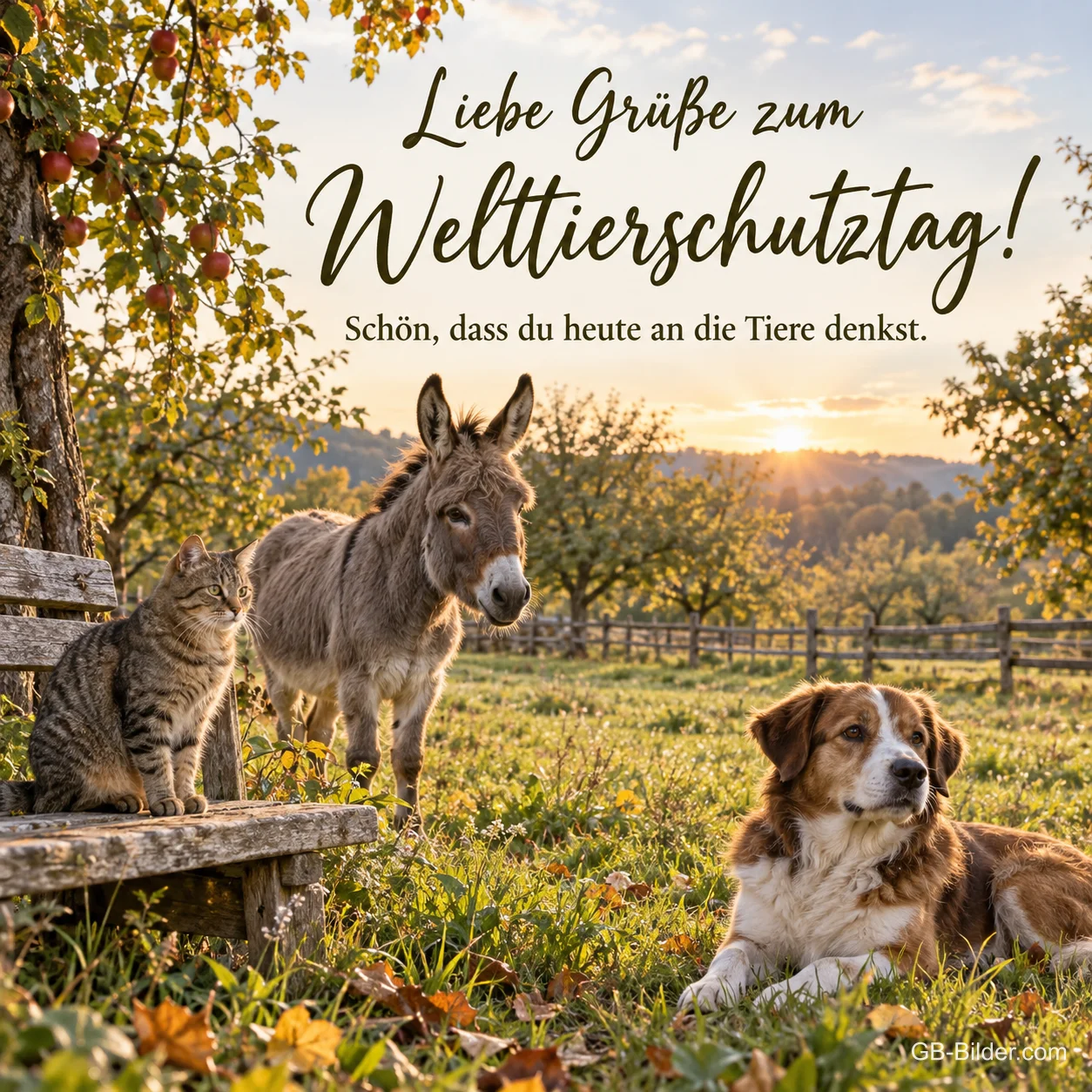 Katze, Esel und Hund auf der Wiese, Text: Liebe Grüße zum Welttierschutztag